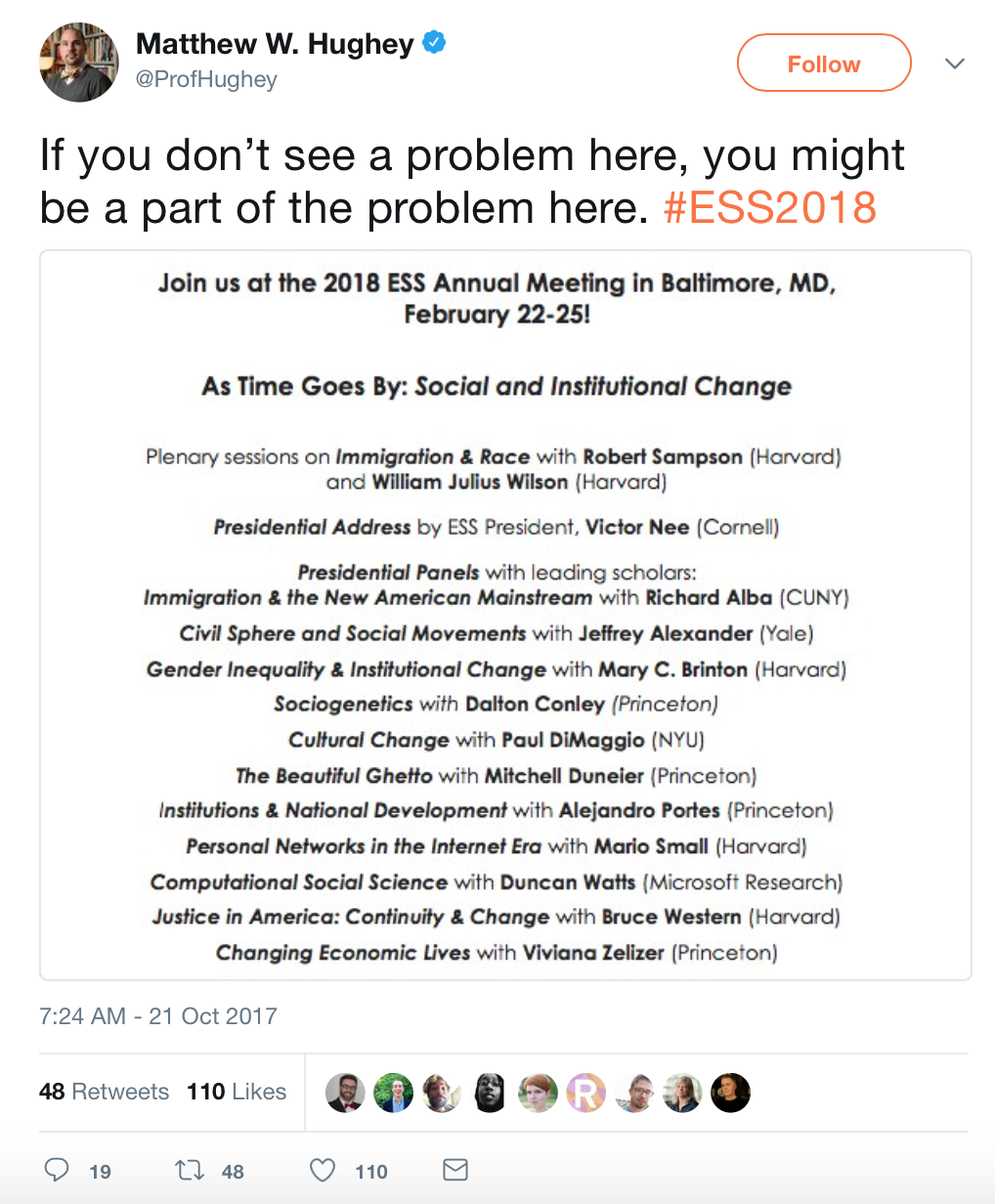 Tweet from Matthew W. Hughey (@profhughey) says, "If you don't see a problem here, you might be a part of the problem here. #ESS2018" Includes image of invitation to Eastern Sociological Society meeting: "Join us at the 2018 ESS Annual Meeting in Baltimore, MD, February 22-25! As Time Goes By: Social and Institutional Change. Plenary sessions on Immigration & Race with Robert Sampson (Harvard) and William Julius Wilson (Harvard). Presidential address by ESS President Victor Nee (Cornell). Presidential panels with leading scholars: Immigration and the New American Mainstream with Richard Alba (CUNY), Civil Sphere and Social Movements with Jeffrey Alexander (Yale), Gender Inequality and Institutional Change with Mary C. Brinton (Harvard), Sociogenetics with Dalton Conley (Princeton), Cultural Change with Paul DiMaggio (NYU), The Beautiful Ghetto with Mitchell Duneier (Princeton), Institutions and National Development with Alejandro Portes (Princeton), Personal Networks in the Internet Era with Mario Small (Harvard), Computational Social Science with Duncan Watts (Microsoft Research), Justice in America: Continuity and Change with Bruce Western (Harvard), Changing Economic Lives with Viviana Zelizer (Princeton).
