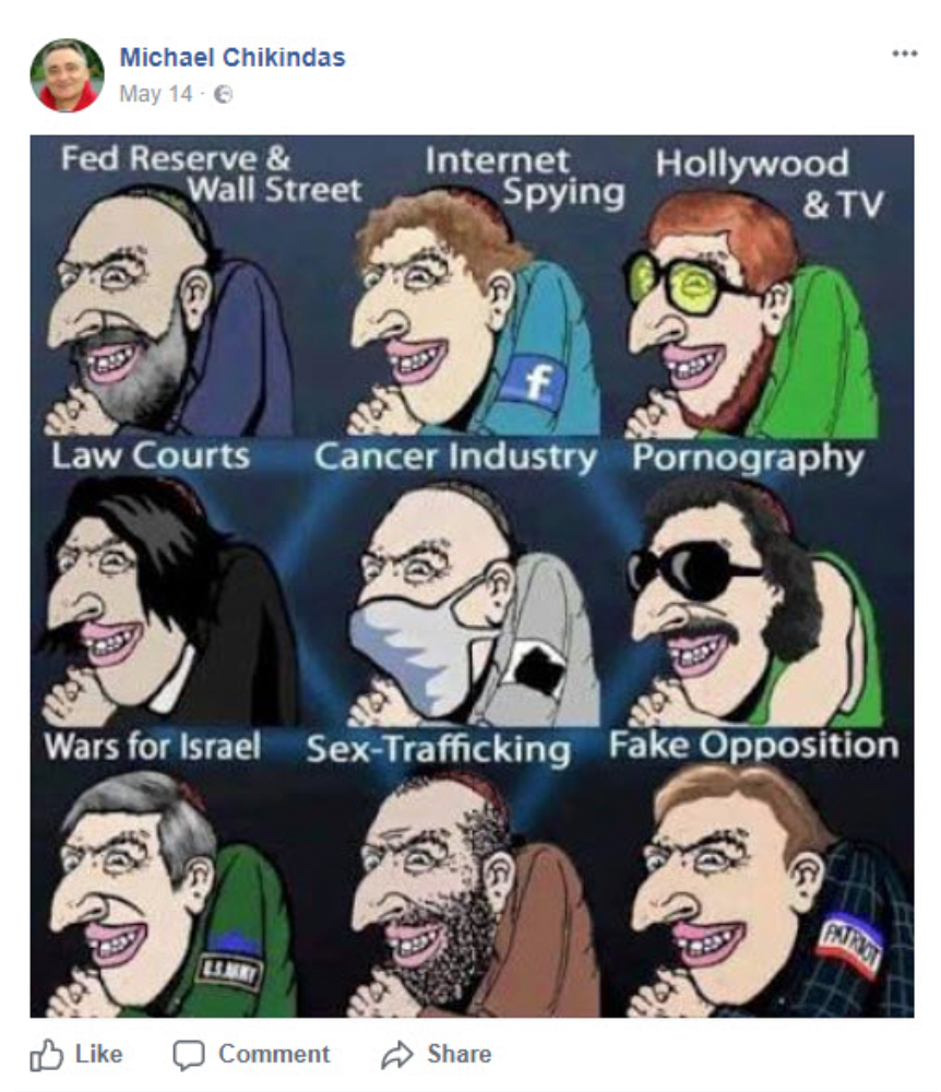 Cartoon includes stereotypical portrayals of Jewish men, labeled “Fed Reserve & Wall Street, Internet spying, Hollywood & TV, Law Courts, Cancer Industry, Pornography, Wars for Israel, Sex Trafficking, Fake Opposition.”