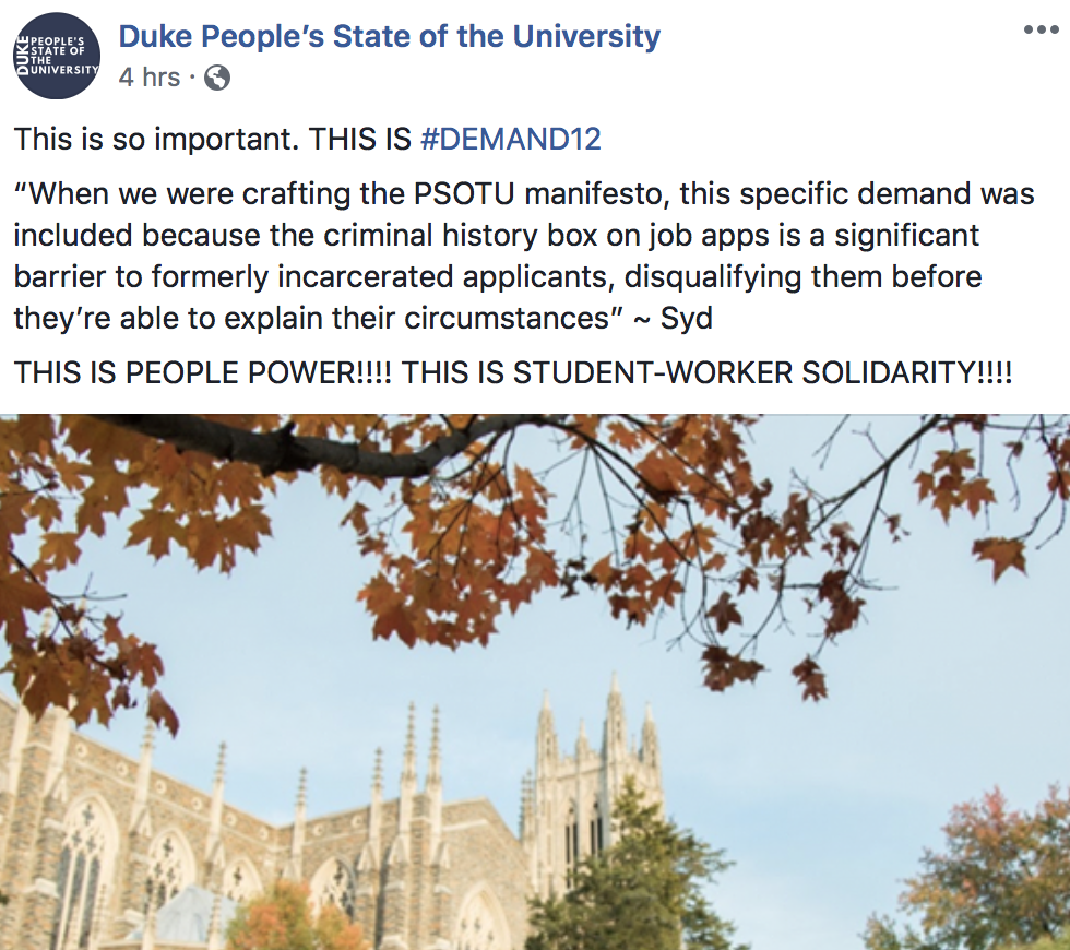 This is so important. THIS IS #DEMAND12 “When we were crafting the PSOTU manifesto, this specific demand was included because the criminal history box on job apps is a significant barrier to formerly incarcerated applicants, disqualifying them before they’re able to explain their circumstances” ~ Syd THIS IS PEOPLE POWER!!!! THIS IS STUDENT-WORKER SOLIDARITY!!!!