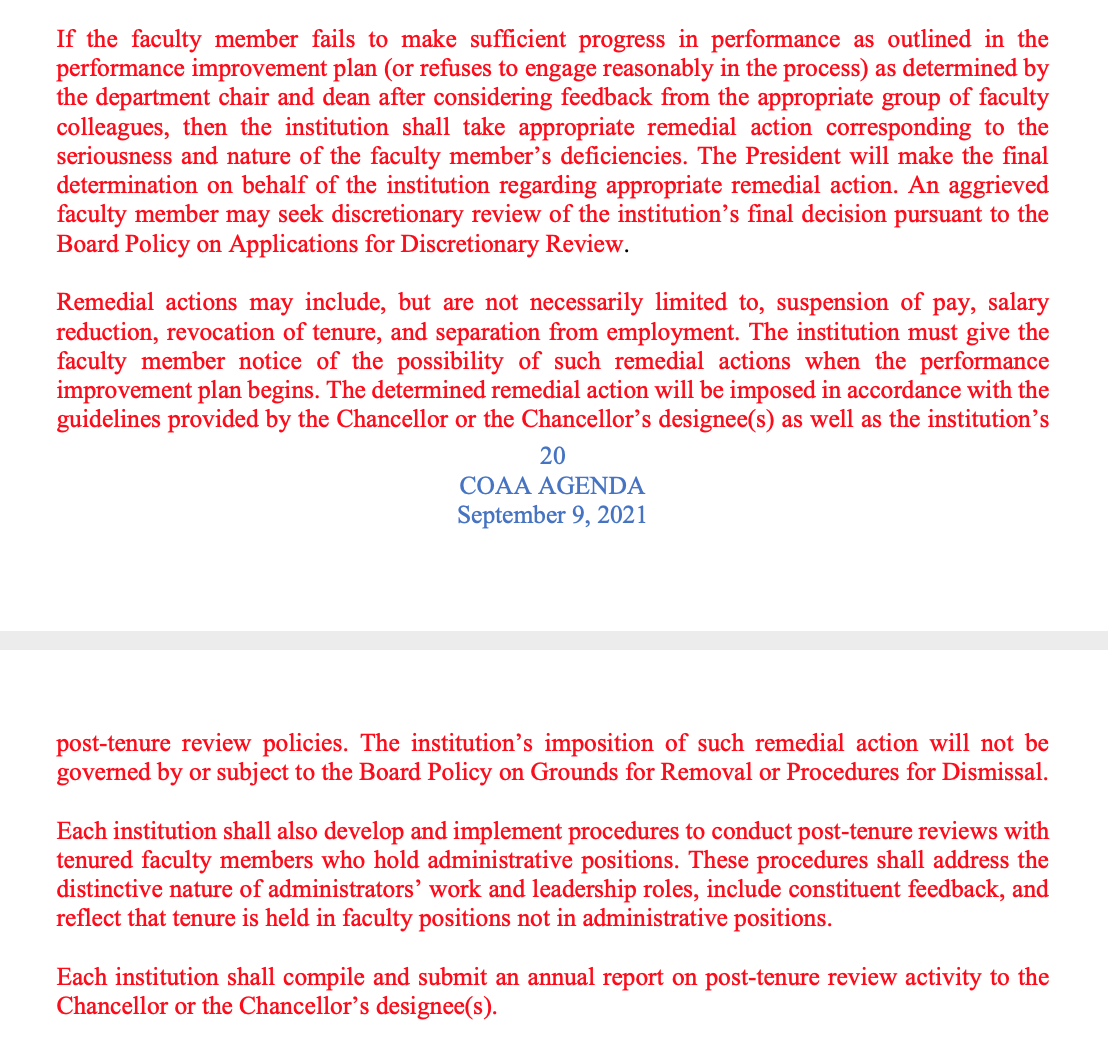 Proposed policy:  If the faculty member successfully completes the performance improvement plan, then the faculty member’s next post-tenure review will take place on the regular five-year schedule. If the faculty member fails to make sufficient progress in performance as outlined in the performance improvement plan (or refuses to engage reasonably in the process) as determined by the department chair and dean after considering feedback from the appropriate group of faculty colleagues, then the institution shall take appropriate remedial action corresponding to the seriousness and nature of the faculty member’s deficiencies. The President will make the final determination on behalf of the institution regarding appropriate remedial action. An aggrieved faculty member may seek discretionary review of the institution’s final decision pursuant to the Board Policy on Applications for Discretionary Review. Remedial actions may include, but are not necessarily limited to, suspension of pay, salary reduction, revocation of tenure, and separation from employment. The institution must give the faculty member notice of the possibility of such remedial actions when the performance improvement plan begins. The determined remedial action will be imposed in accordance with the guidelines provided by the Chancellor or the Chancellor’s designee(s) as well as the institution’s 20 COAA AGENDA September 9, 2021 post-tenure review policies. The institution’s imposition of such remedial action will not be governed by or subject to the Board Policy on Grounds for Removal or Procedures for Dismissal. Each institution shall also develop and implement procedures to conduct post-tenure reviews with tenured faculty members who hold administrative positions. These procedures shall address the distinctive nature of administrators’ work and leadership roles, include constituent feedback, and reflect that tenure is held in faculty positions not in administrative positions. Each institution shall compile and submit an annual report on post-tenure review activity to the Chancellor or the Chancellor’s designee(s).