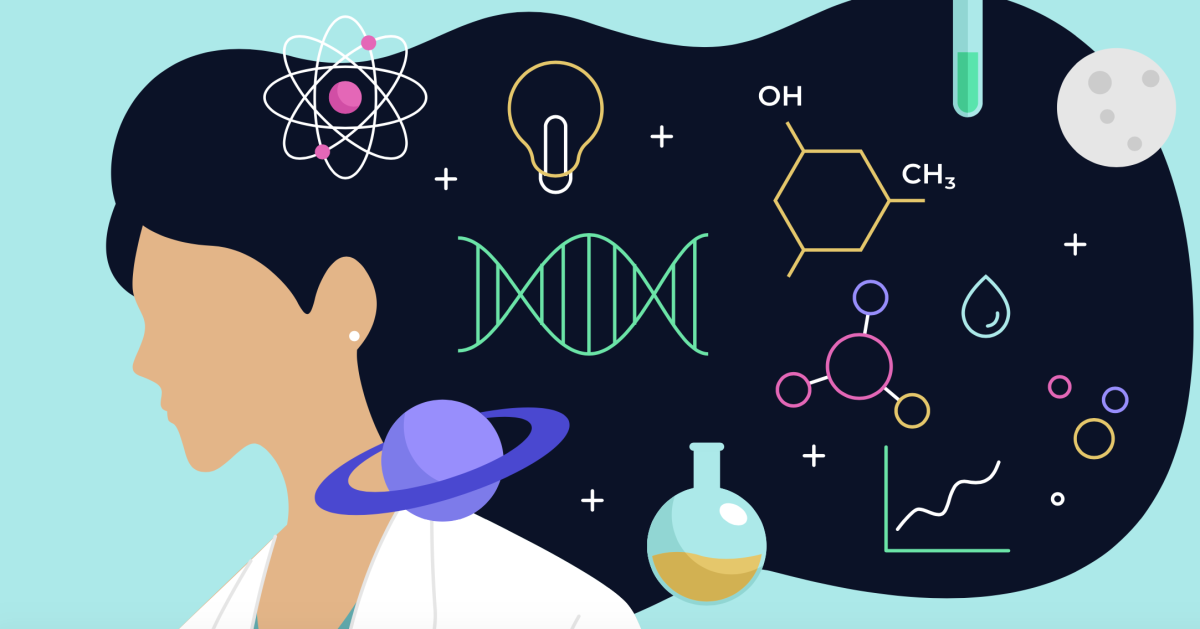 Illustration: The outline of a woman's head with various scientific symbols sketched in her hair, such as a planet and an atom.