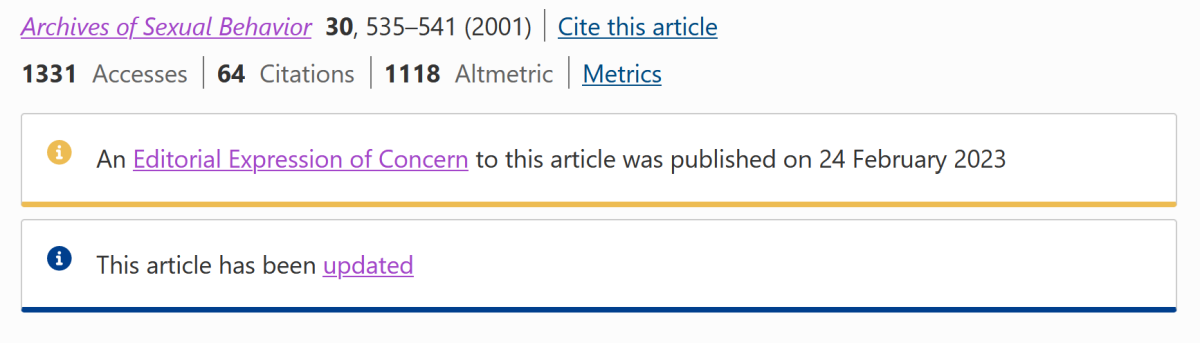 Screenshot of the timeline of the article in question being updated and the Expression of Editorial Concern being posted.