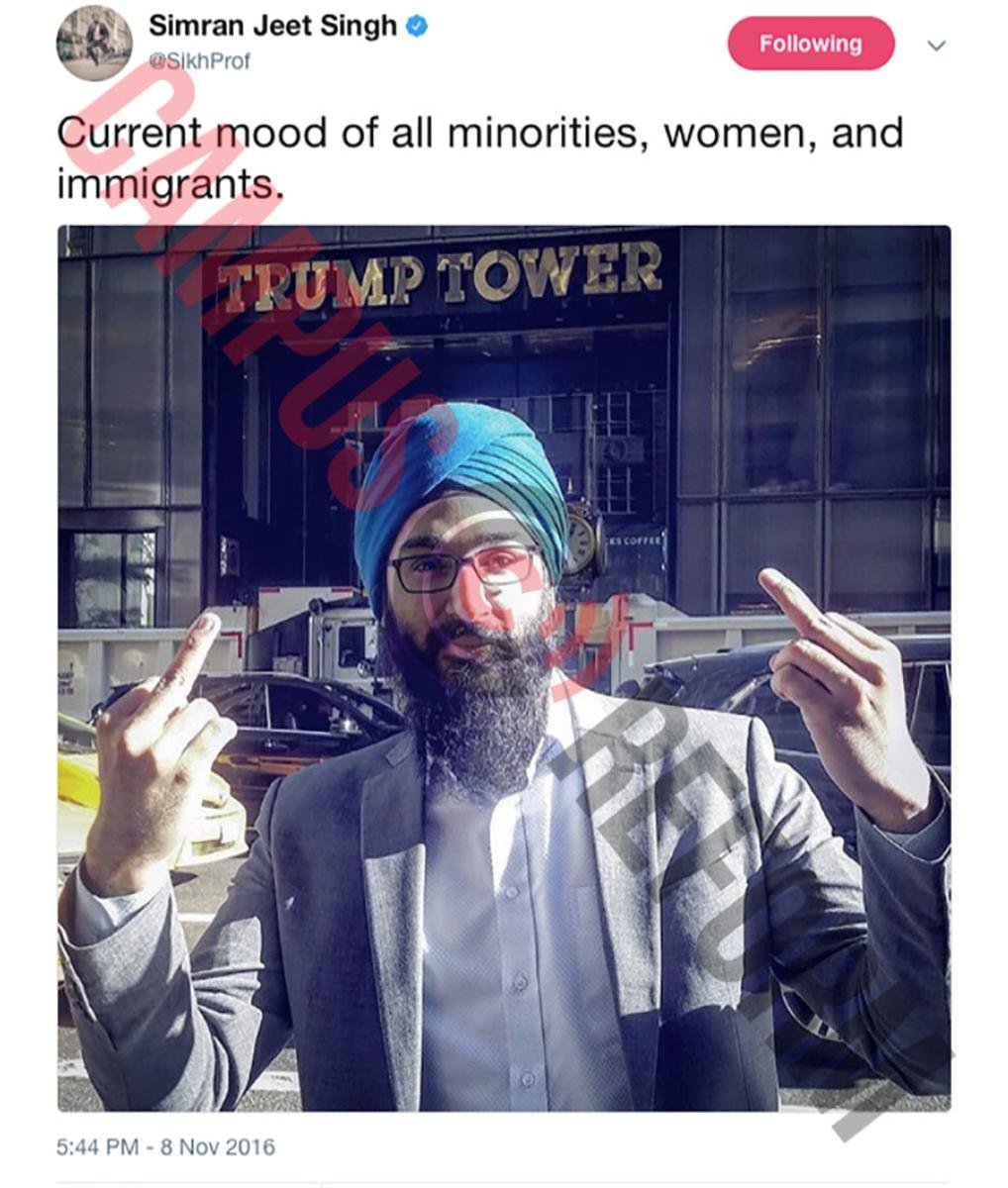 November 2016 tweet by Simran Jeet Singh. Text: Current mood of all minorities, women and immigrants. Photo shows a man making a rude gesture in front of Trump Tower in New York.