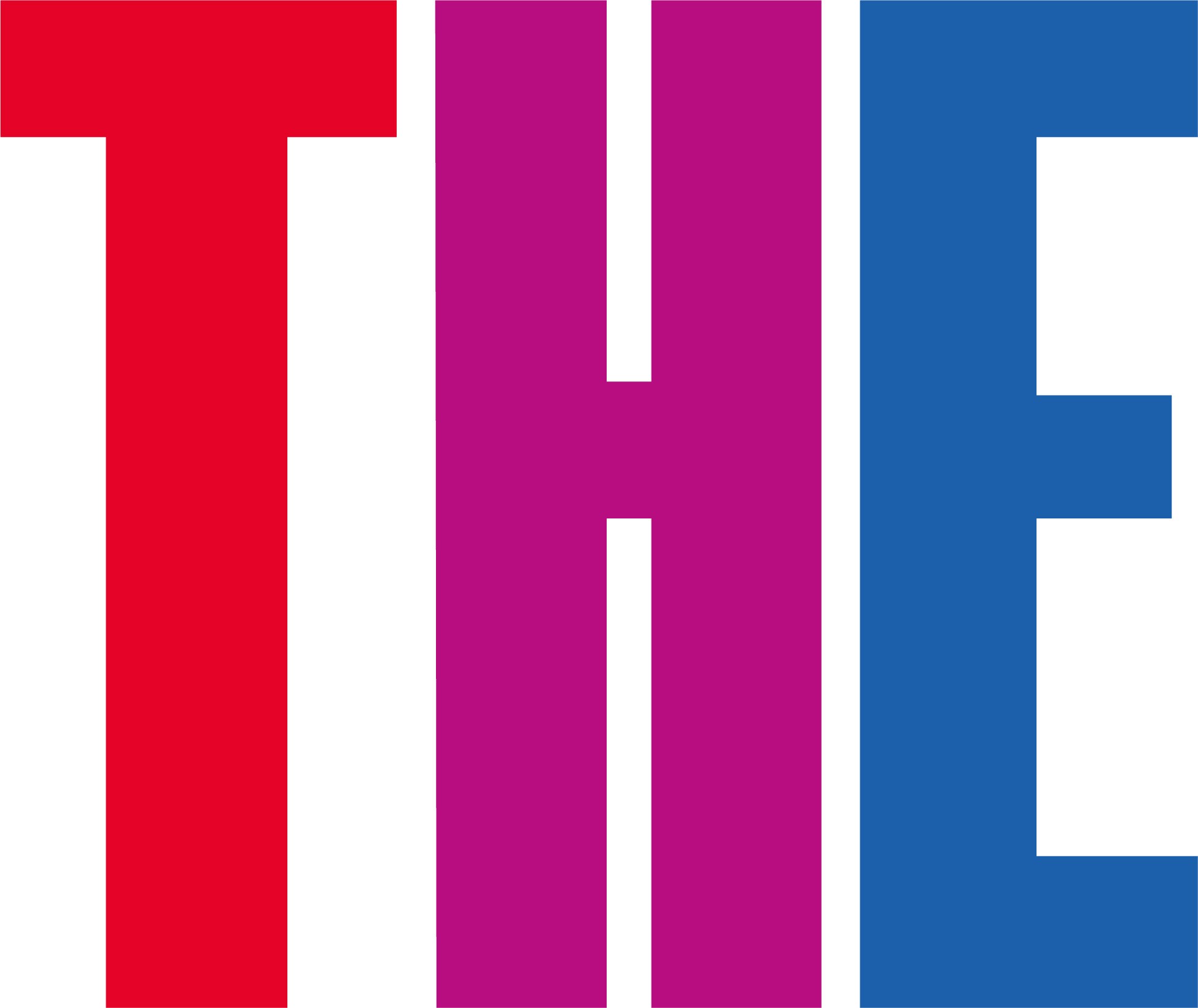 Times Higher Education logosu, kırmızı bir T, mor H ve mavi E.