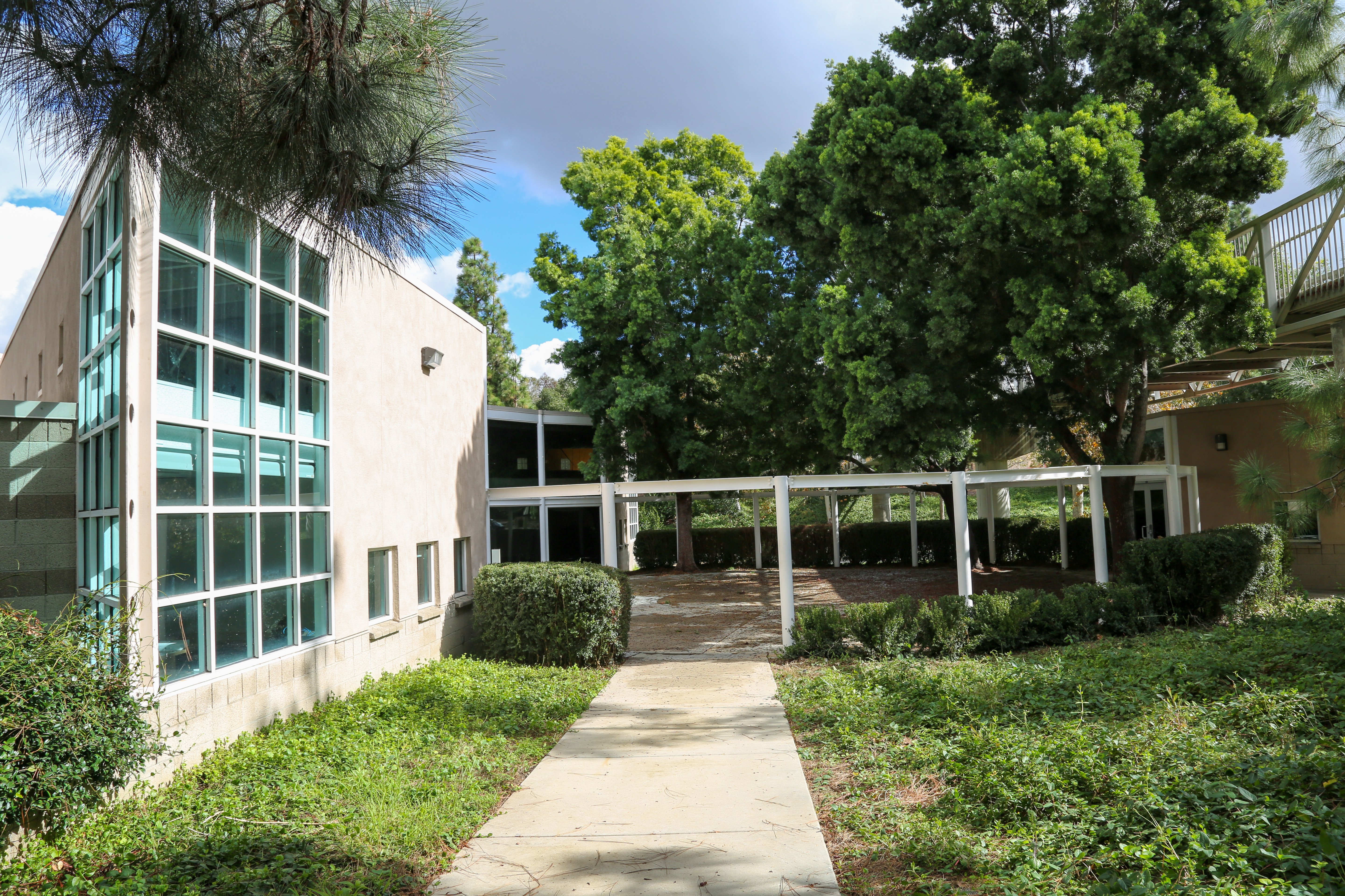 A white stucco building with large windows surrounded by trees.