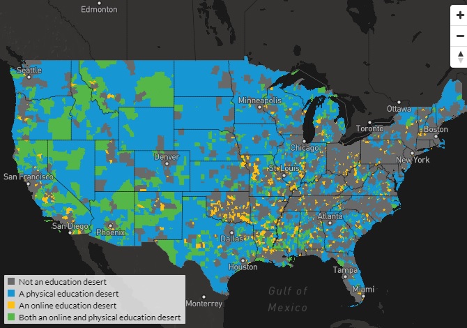 Map of the United States is color coded to show areas that are not education deserts, physical education deserts, online education deserts, and complete education deserts, with large swaths of Wyoming, North and South Dakota, Maine, Nevada, Texas, and Utah designated physical education deserts.