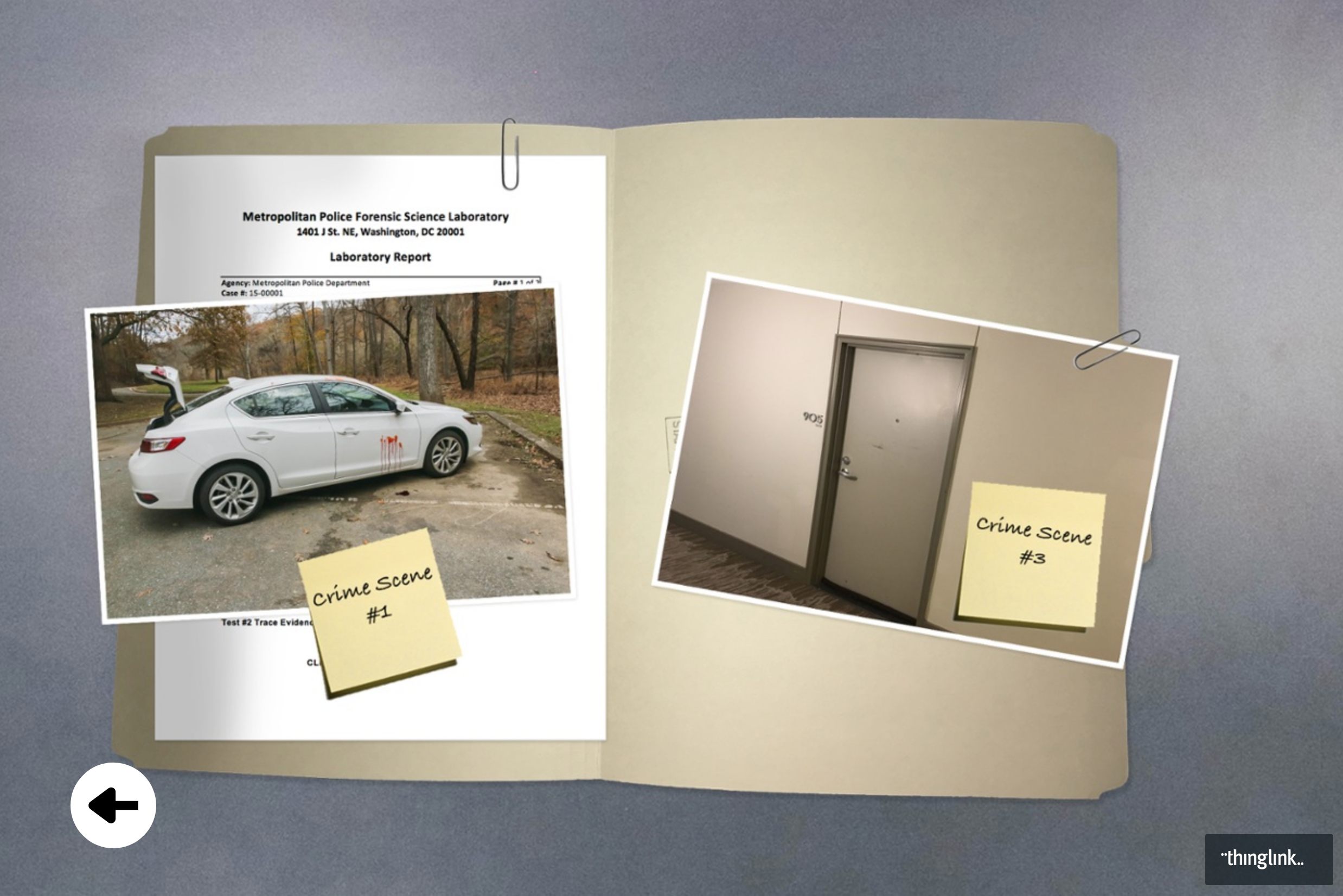 This screenshot from the simulation shows a navigation screen that allows students to select which aspect of the investigation they wish to pursue.