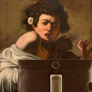 “Boy Bitten by a Phish,” Casey Kiel. Based on “Boy Bitten by a Lizard,” Caravaggio. This painting of an uninformed youth portrays the devastation of clicking on a phishing link. The subject fell victim to the lure of a giant lottery win and was subsequently cyberattacked.