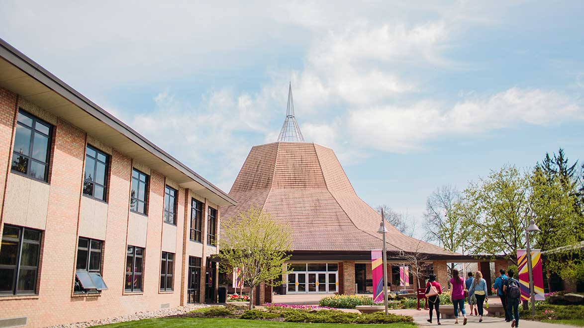 A chapel at Calvin University, with a brown roof.
