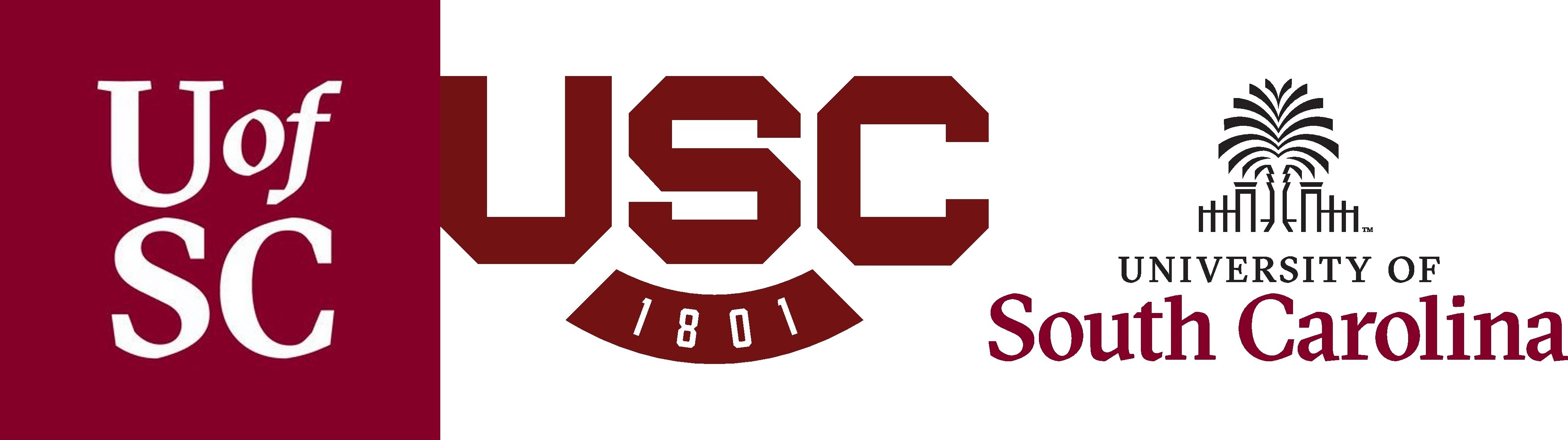 The old U of SC logo for the university and the two new logos. One reads USC and one features an image of a tree and gates.