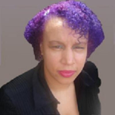 Tabia Lee, a Black person with curly purple hair who is wearing pink lipstick.