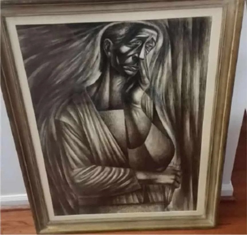 A black and white drawing of an African American Madonna