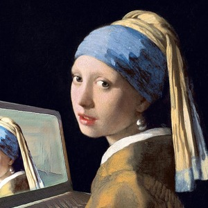 A takeoff of Vermeer's Girl With a Pearl Earring, of the girl looking at the painter and away from an open laptop.