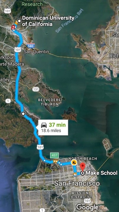 Map showing the distance between Make School in San Francisco and Dominican University's main campus north of the city.