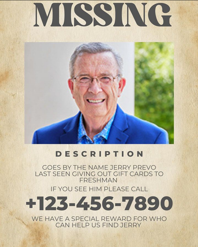 A satirical "Missing" poster of Jerry Prevo, interim president of Liberty University