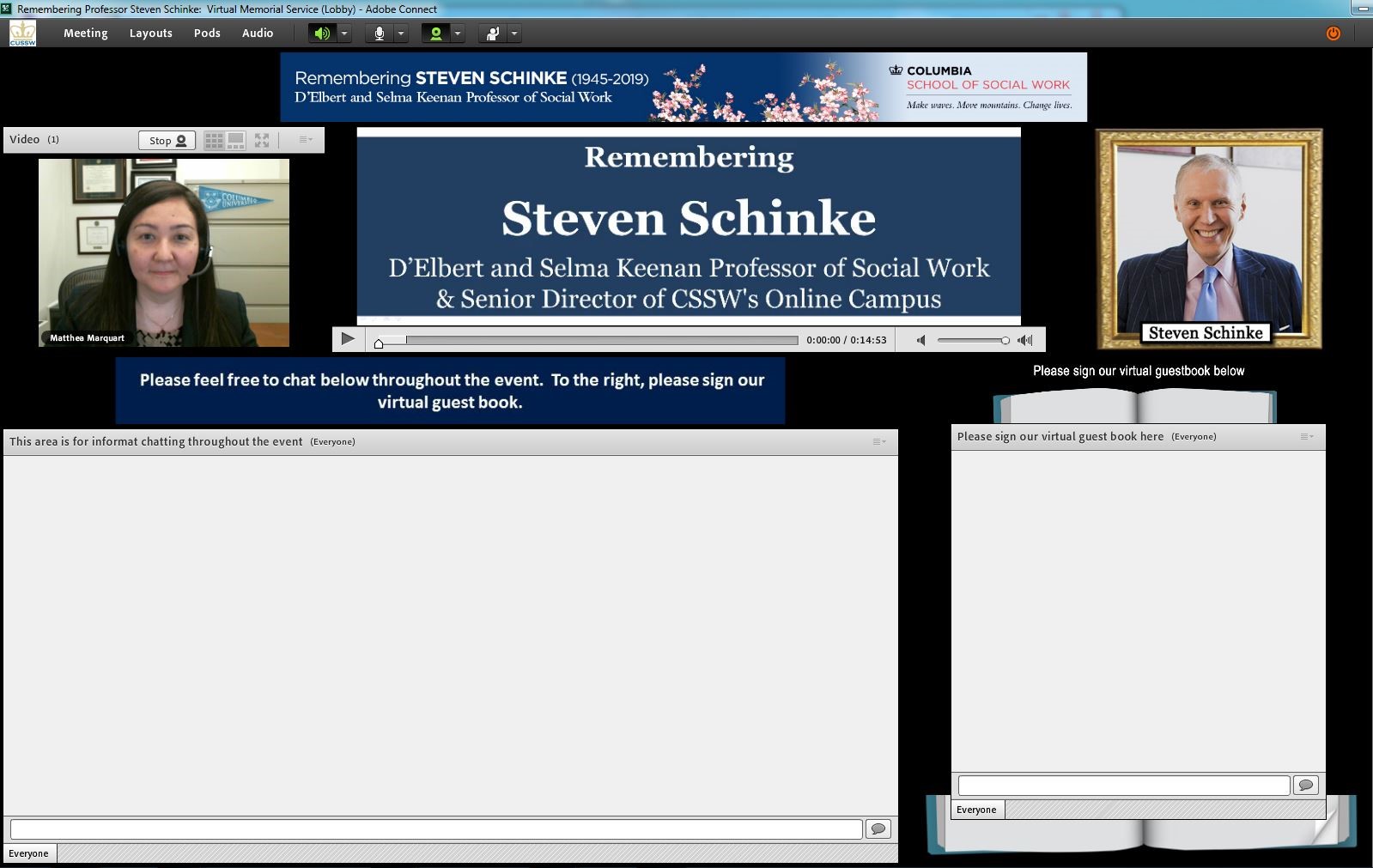 A screenshot of the Adobe Connect platform used to host Professor Schinke's online memorial. 