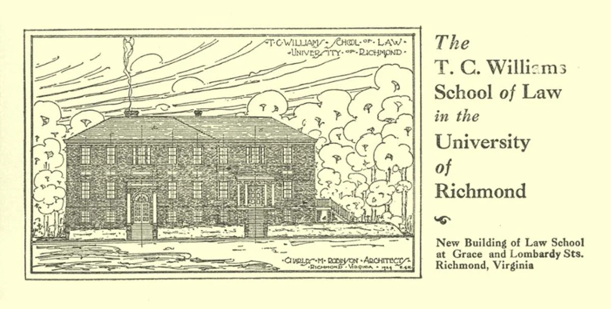 An old yellow pamphlet with an illustration of a law school building; it reads “the TC Williams School of Law in the University of Richmond”