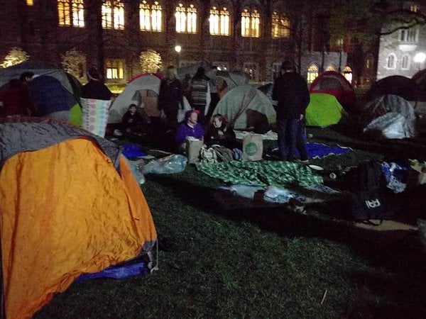 Duke students camp out in tents during a sit-in of the university's main administration building.