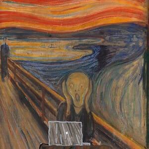 A painting titled The Screen, Casey Kiel. Based on The Scream, Edvard Munch. This tortured character responded to a pop-up warning that his PC was at risk unless he downloaded free antivirus software immediately. Instead of protecting his data, this malicious malware actually blocked his computer from using legitimate antivirus solutions and opened him up to attacks.