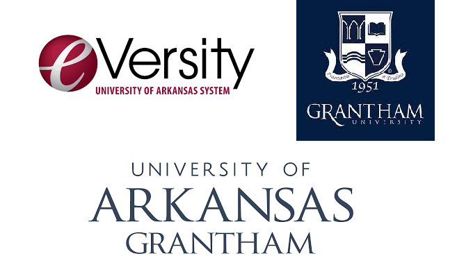 Logos of eVersity, Grantham University, and the University of Arkansas Grantham.