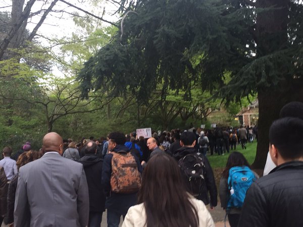 Students at the University of Washington march through campus in a demonstration.