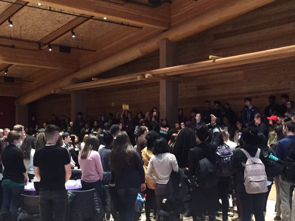 Students at the University of Washington arrive at a planned campus diversity demonstration.