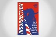 The red, white and blue book jacket for John Rennie Short’s “Insurrection: What the January 6 Assault on the Capitol Reveals about America and Democracy,” which depicts a watermark-like image of the QAnon shaman holding an American flag.