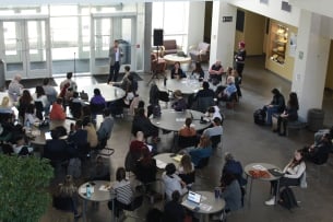 An aerial shot of an internal event at Beloit College introducing the launch of the School of Business, Economics and Entrepreneurships and the School of Health Sciences