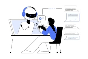 Chatbot reaches out of desktop computer to talk to woman sitting at desk